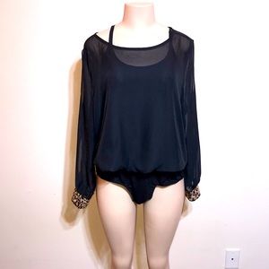 Cacique Black Sheer Bodysuit Chemisette Open Back